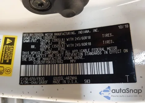 2019 Toyota Highlander Le из США, поврежденный, VIN 5TDBZRFH9KS931662